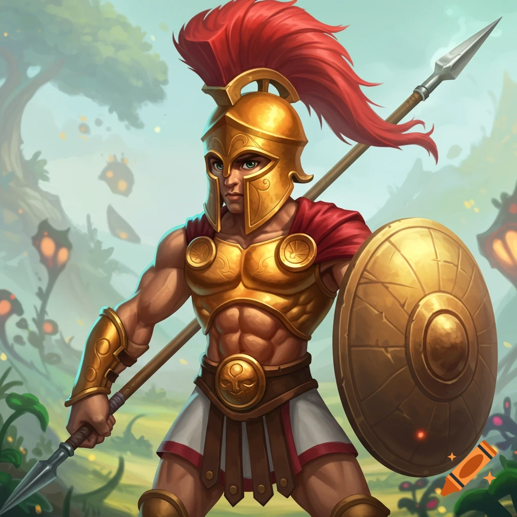 Stylized image of a hoplite character in golden armor holding a spear and shield.