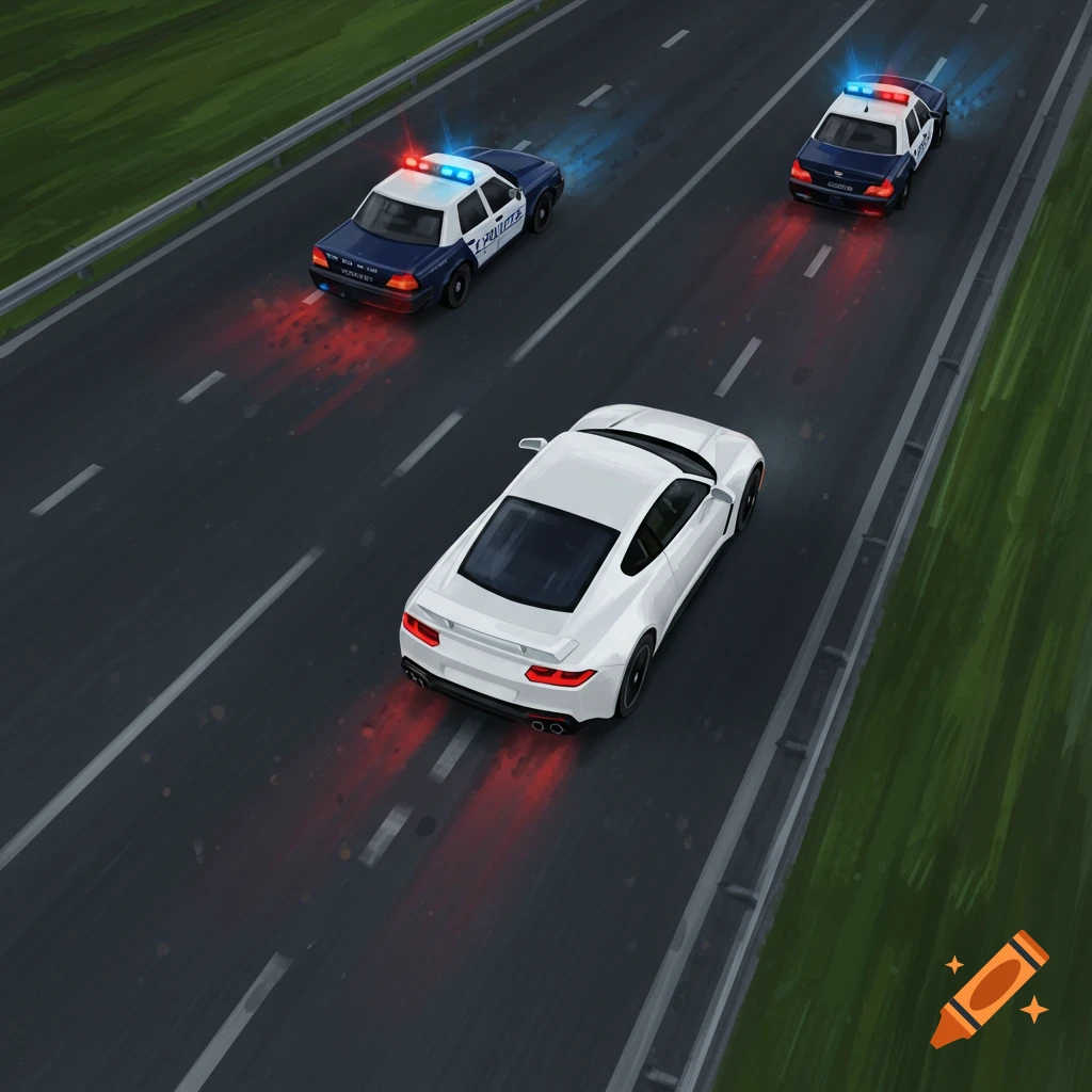 A white car being chased by two police cars on a highway, from above.