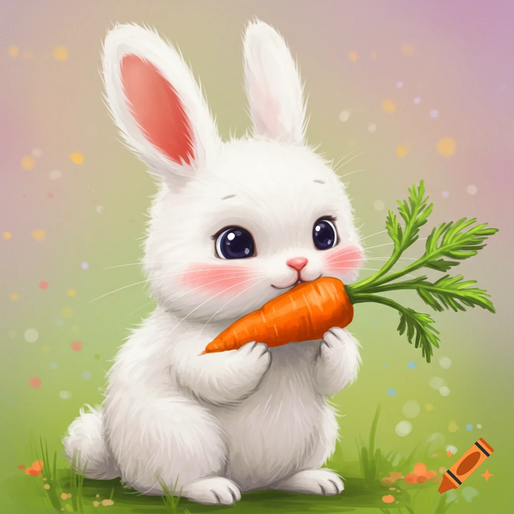 A cute white bunny holds a carrot in a field.