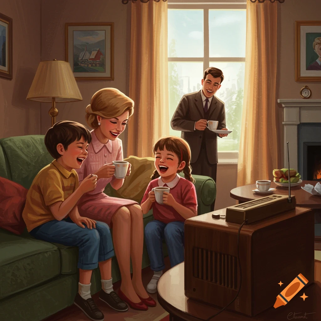 A family - parents and two children - laugh while relaxing in a retro living room.