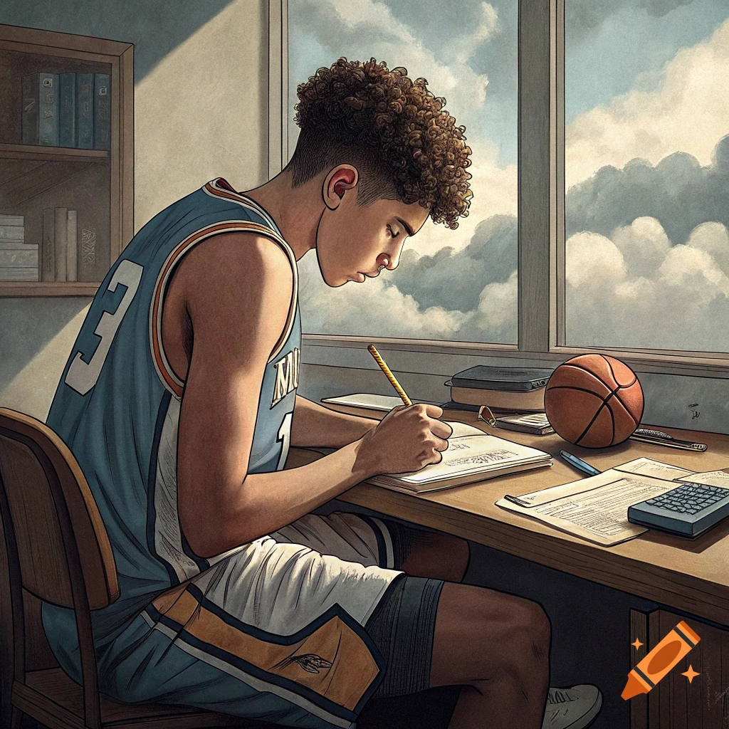 A person in a basketball jersey sits at a desk, writing in a notebook, with a basketball nearby.