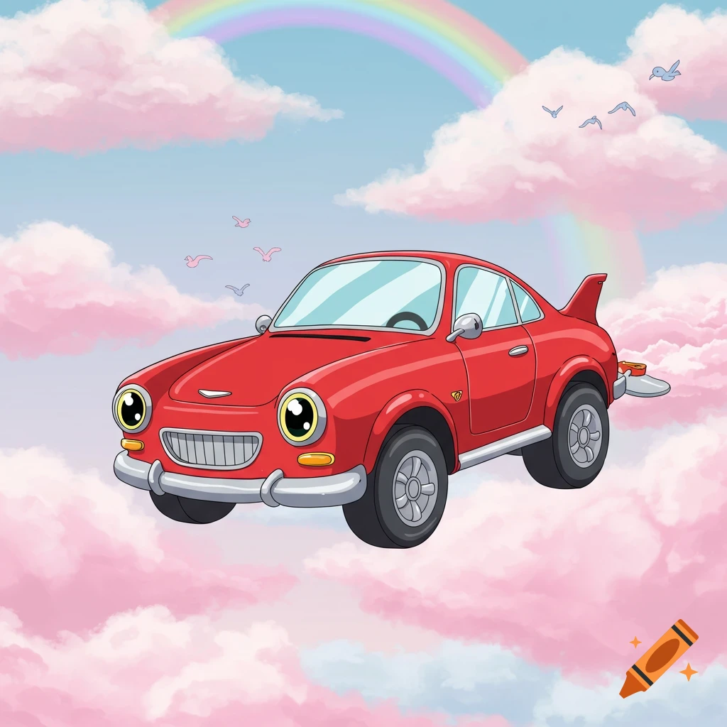 A red cartoon flying car with eyes drifts through pink clouds and a rainbow in a blue sky.