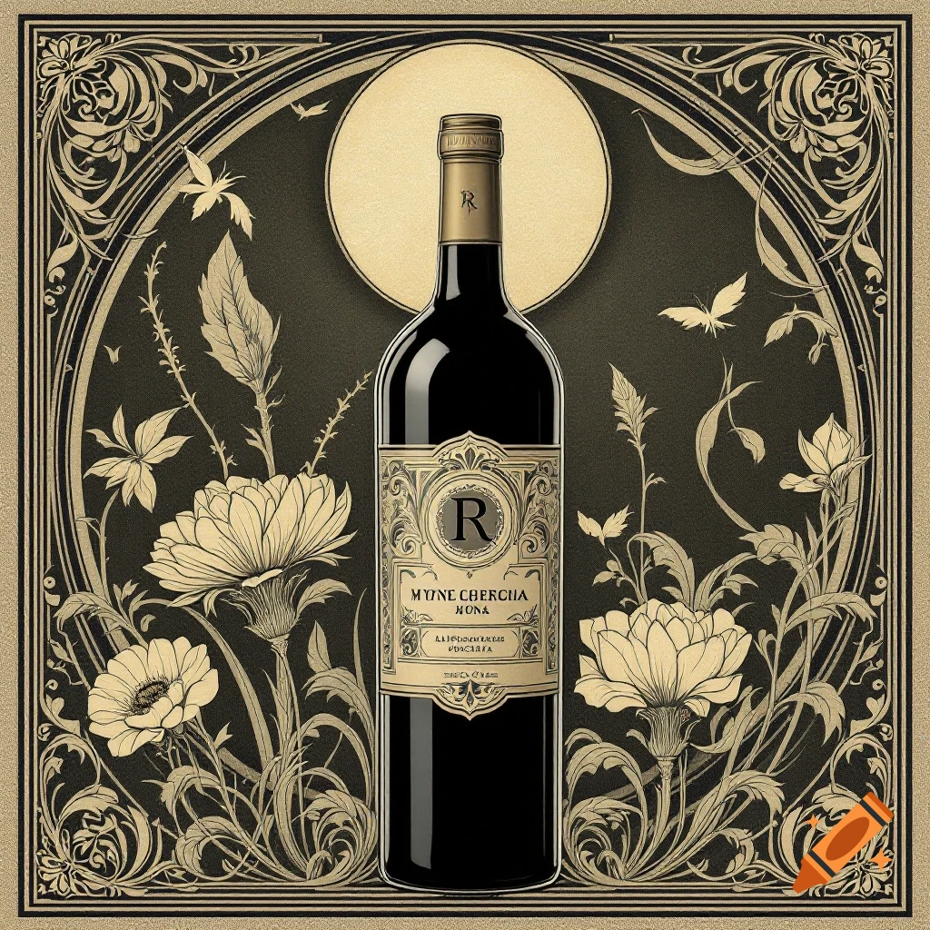 Art Nouveau illustration of a wine bottle with floral decoration and a sun behind it.