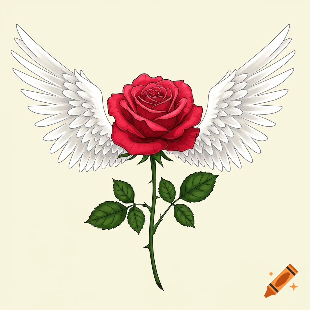 Vector graphic of a red rose with white angel wings