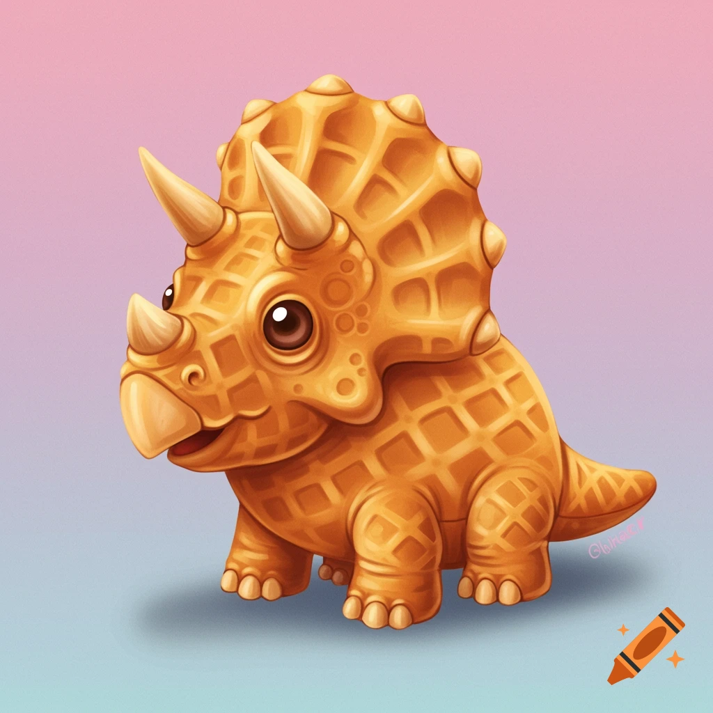 Cartoon of a baby triceratops dinosaur made of golden waffle material on a pastel pink and blue gradient.