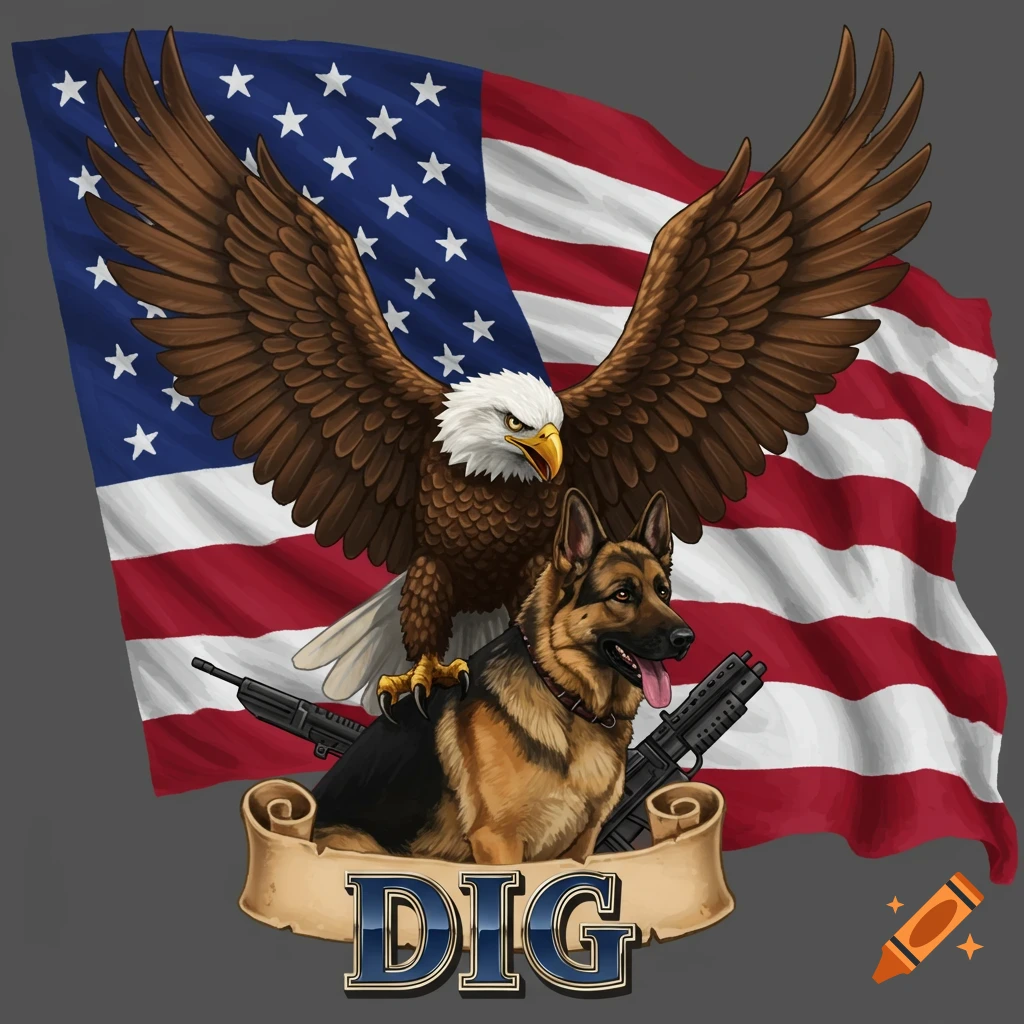 Digital illustration of an eagle on a German Shepherd with rifles and an American flag, with the text DIG on a banner.