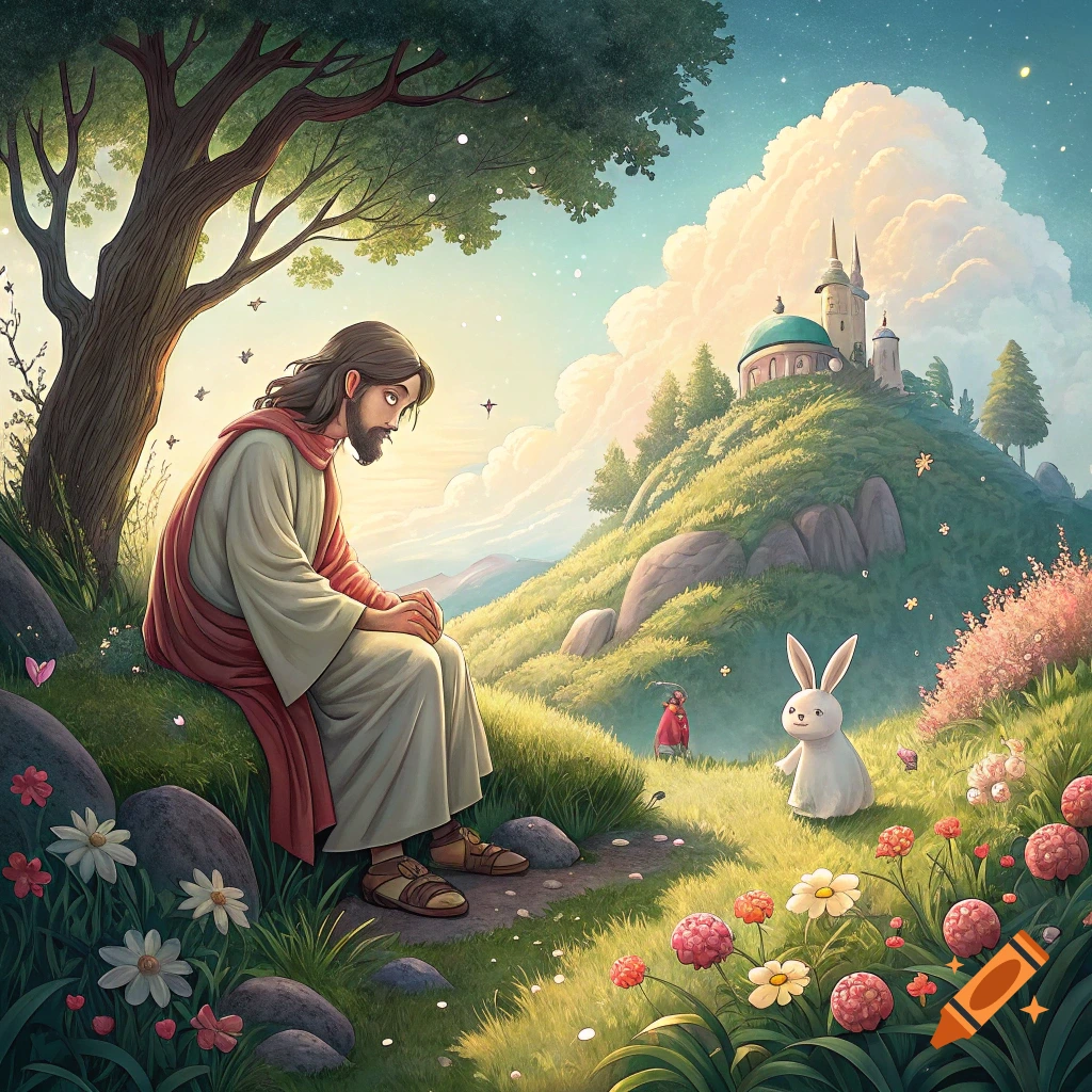 Jesus sits under a large tree in a flowery meadow, looking at a white rabbit. A building is on a distant hill. Ghibli style illustration.