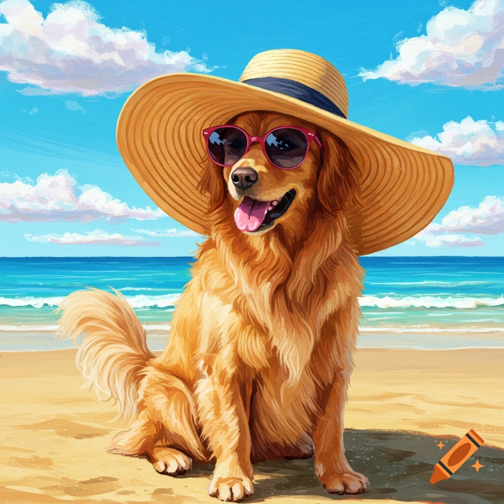Golden retriever wearing a wide-brimmed hat and sunglasses on a beach