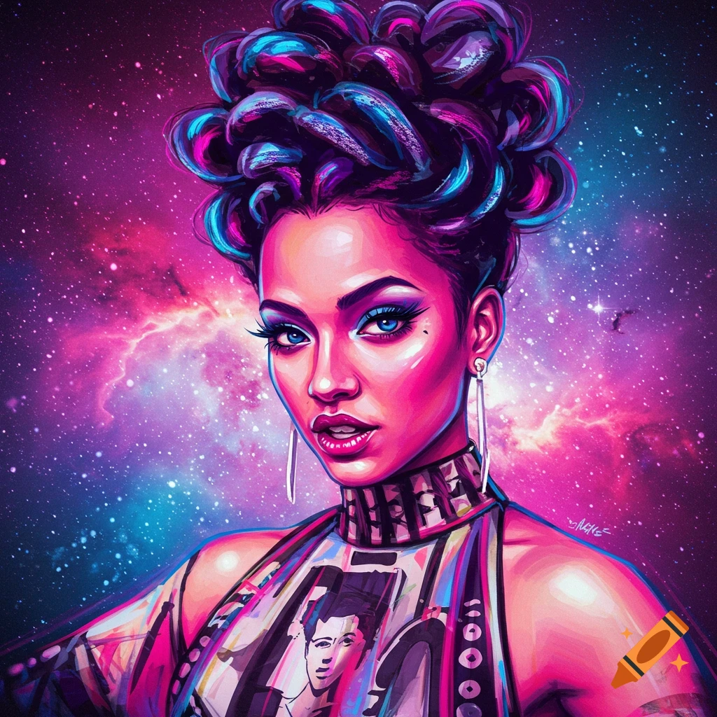 Vibrant portrait of a woman with elaborate hair against a cosmic background.