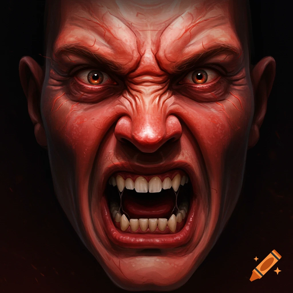 Close-up of a raging face with red skin, veins, and sharp teeth