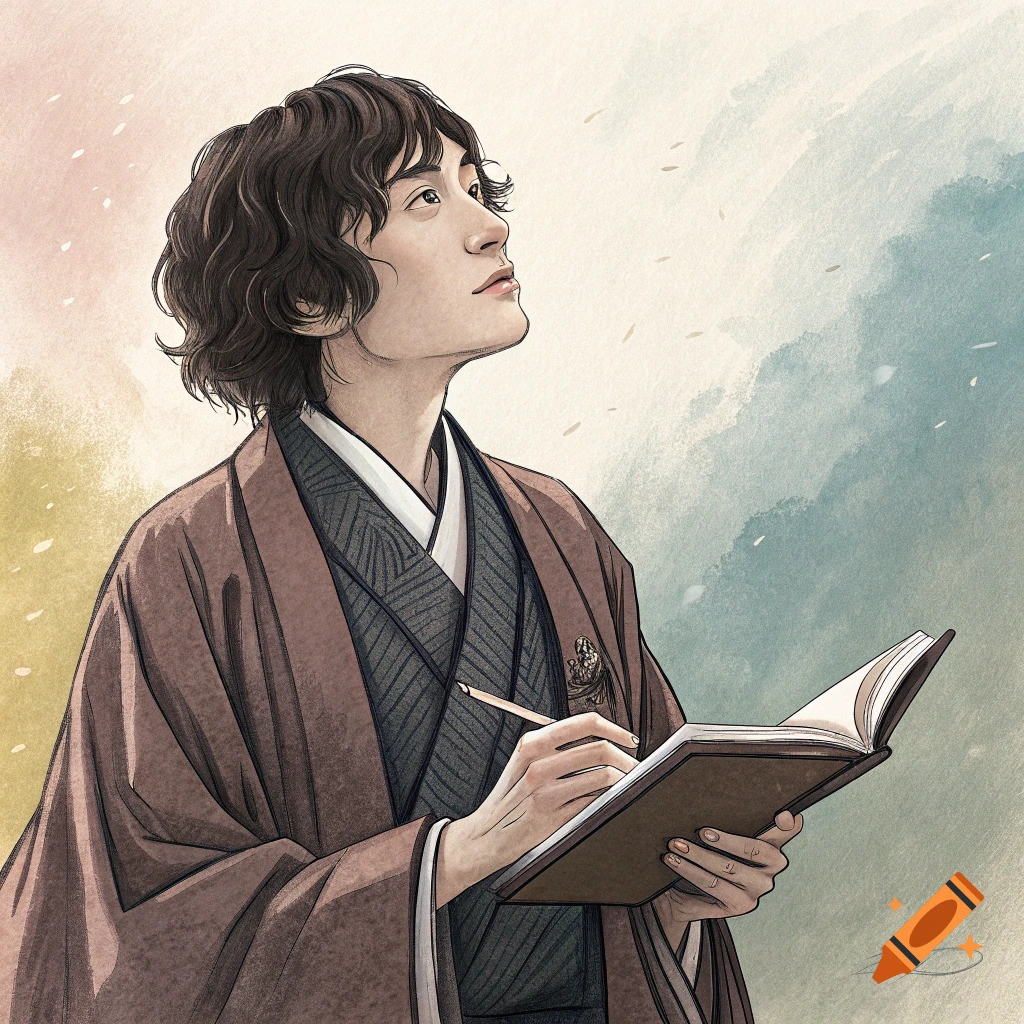 Illustration of a person in traditional Japanese clothing writing in a book, looking up. Watercolor style.