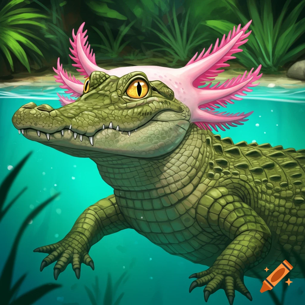A green alligator-axolotl hybrid creature is swimming in murky water filled with plants.