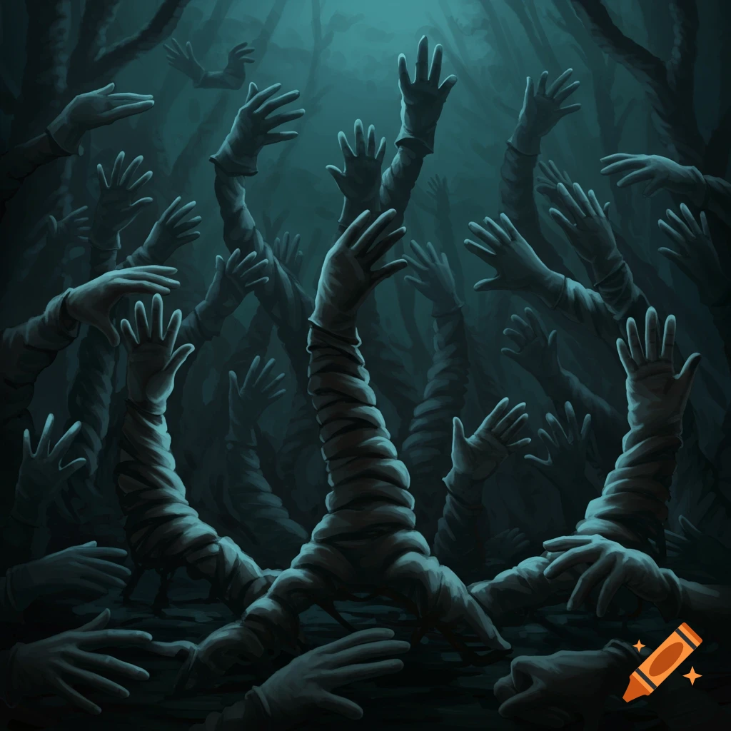 Many bandaged hands reaching up from a dark, misty ground.