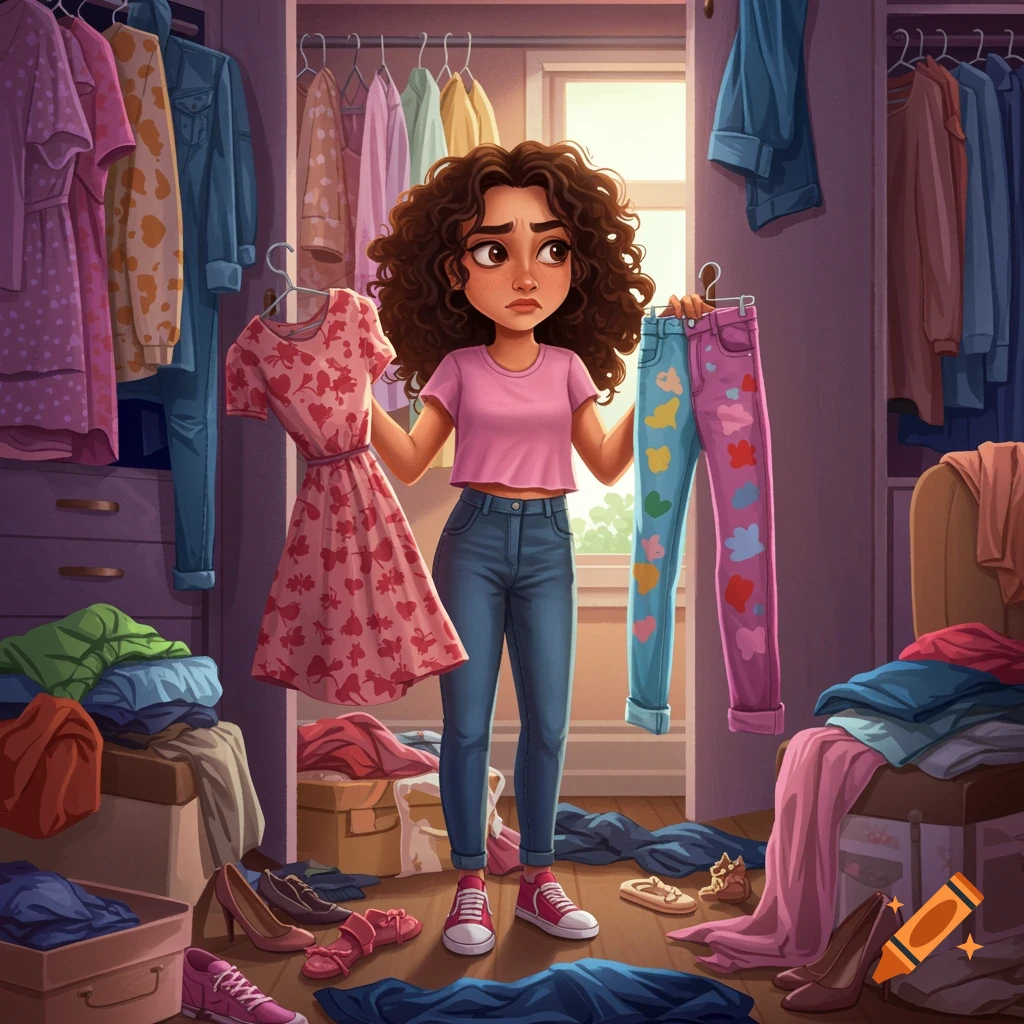 A teenage girl looking overwhelmed while choosing clothes from a messy closet.