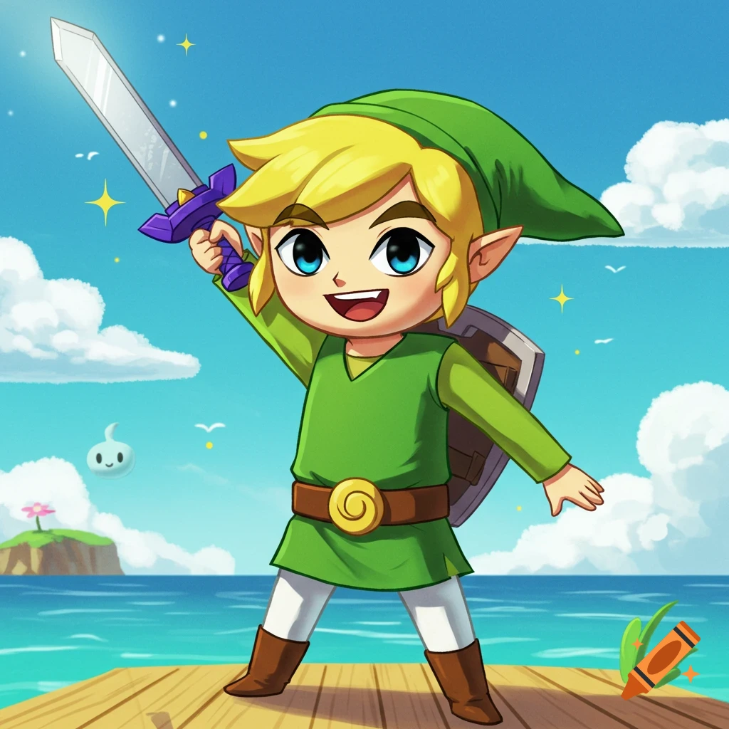 Cartoon Link holding a sword and shield on a dock by the sea.