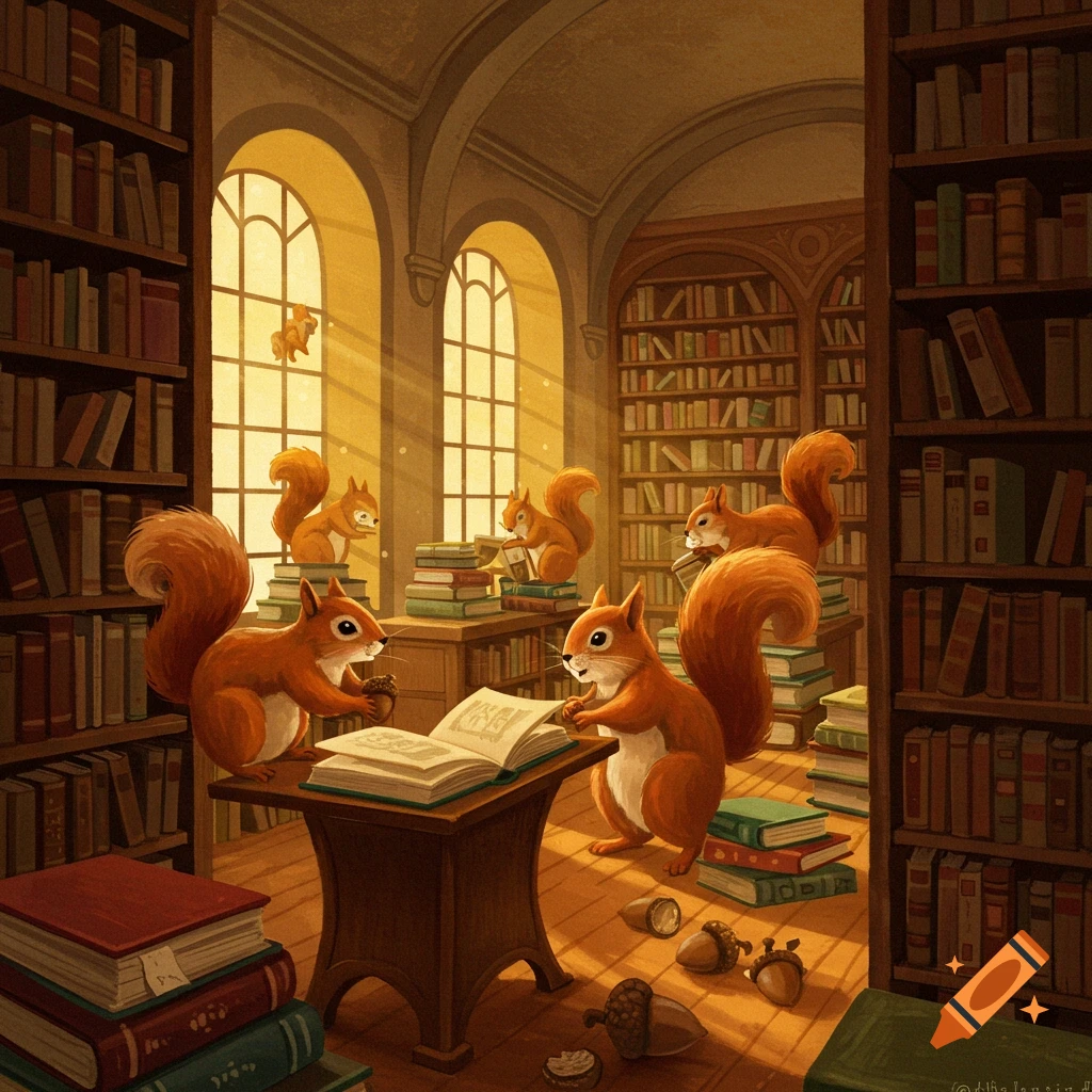 Squirrels reading books in a grand library filled with bookshelves and sunlight streaming through windows.