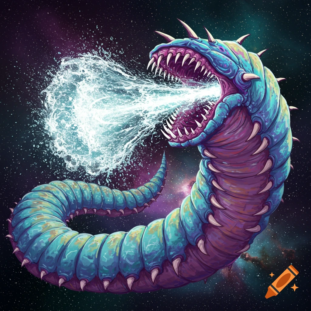 A large, colorful worm-like creature with teeth spits water in space.