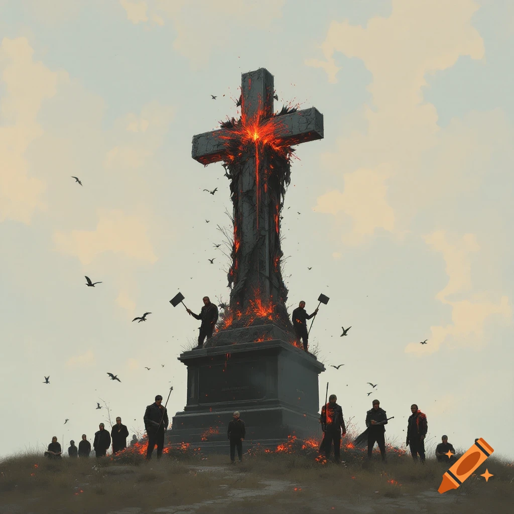 A large dark cross monument glows red, with figures holding hammers at its base and others standing on a hill around it, under a cloudy sky.