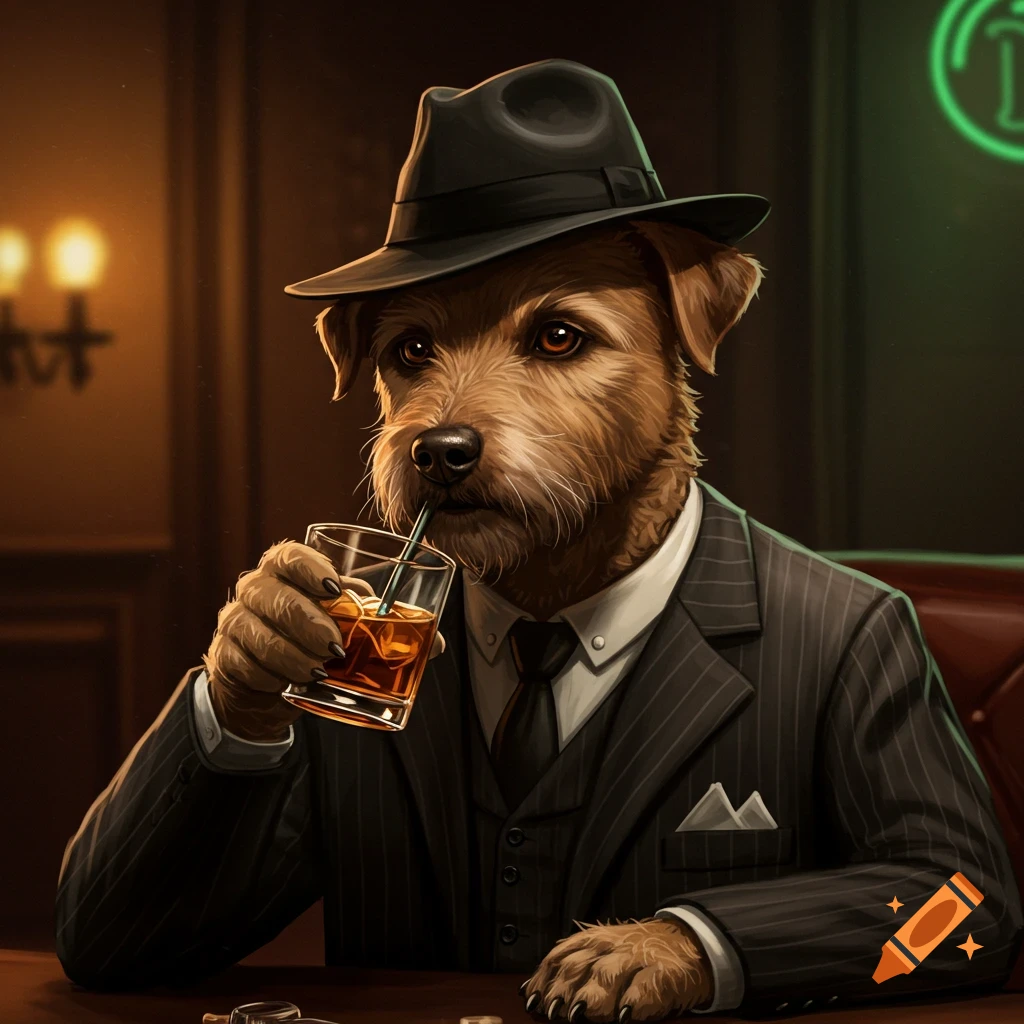 An anthropomorphic dog in a pinstripe suit and fedora, drinking at a bar.