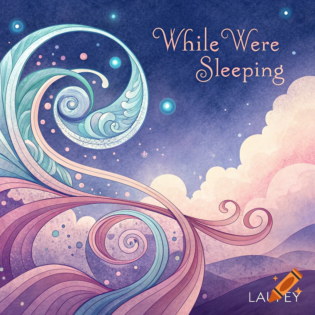 Stylized abstract illustration of swirling forms, moon, stars, and clouds in a purple, pink, blue night sky with text.