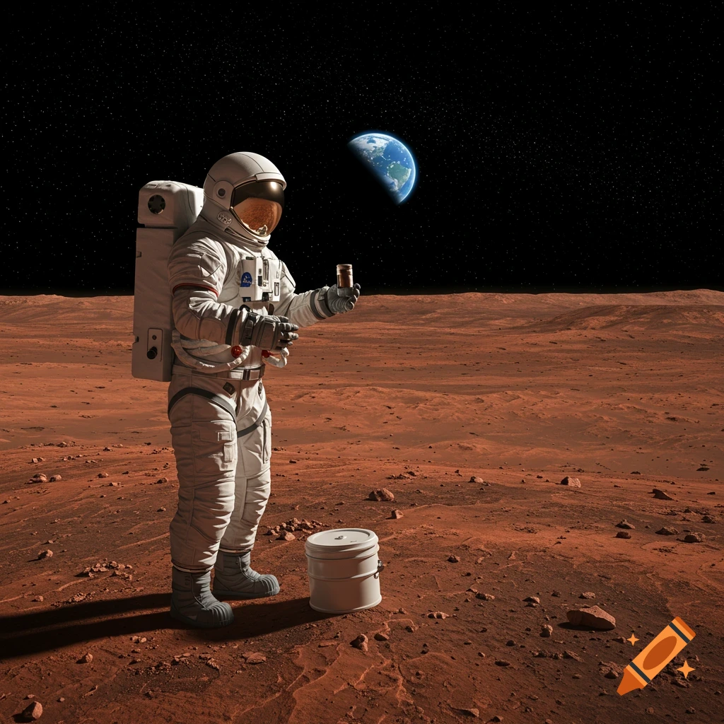 Photorealistic image of an astronaut standing on the surface of Mars, holding a small container, with Earth visible in the sky.