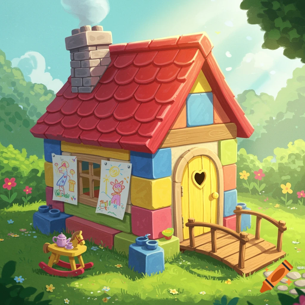 A whimsical playhouse made of colorful building blocks in a sunny garden with toys.