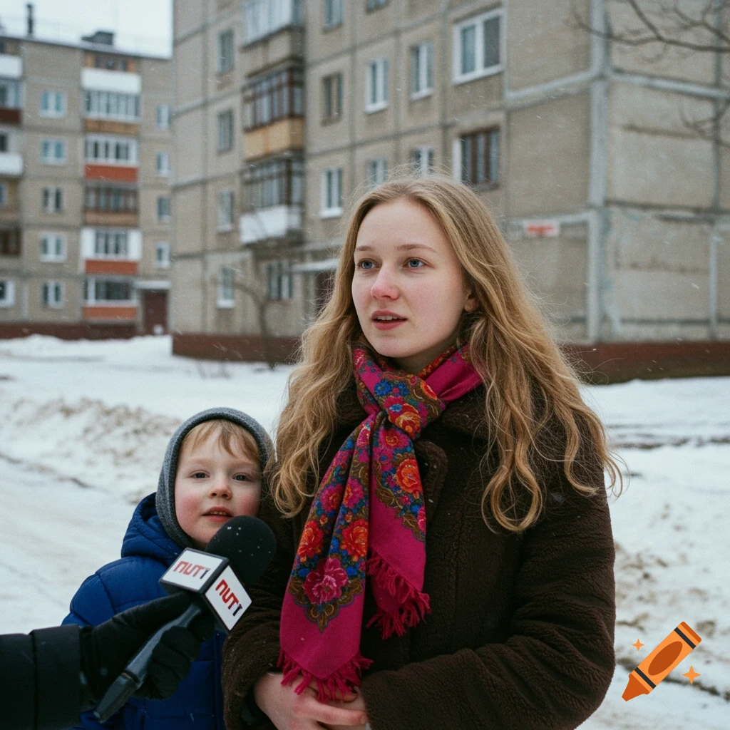 Photojournalism style image of a woman and child with a microphone in a snowy city street.