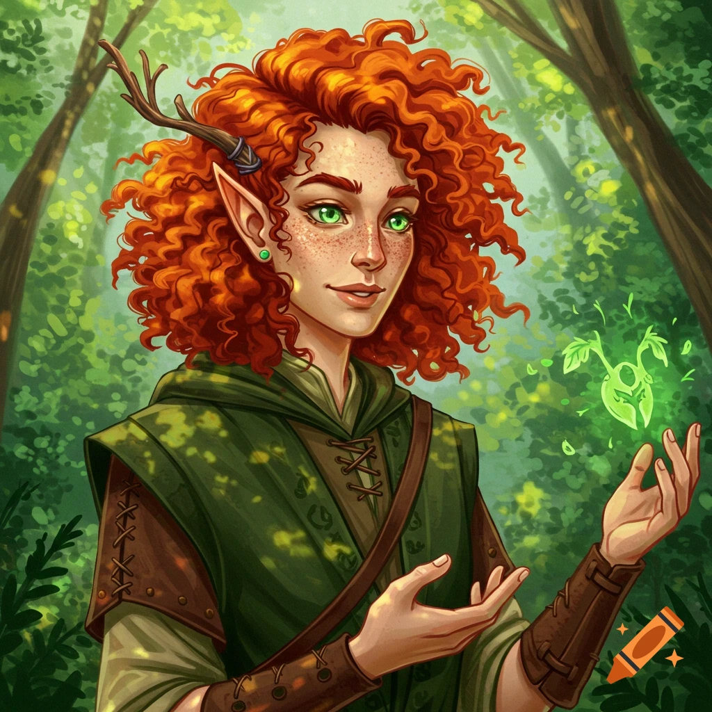 A red-haired elf cleric with an antler in a forest holding a glowing nature spirit.