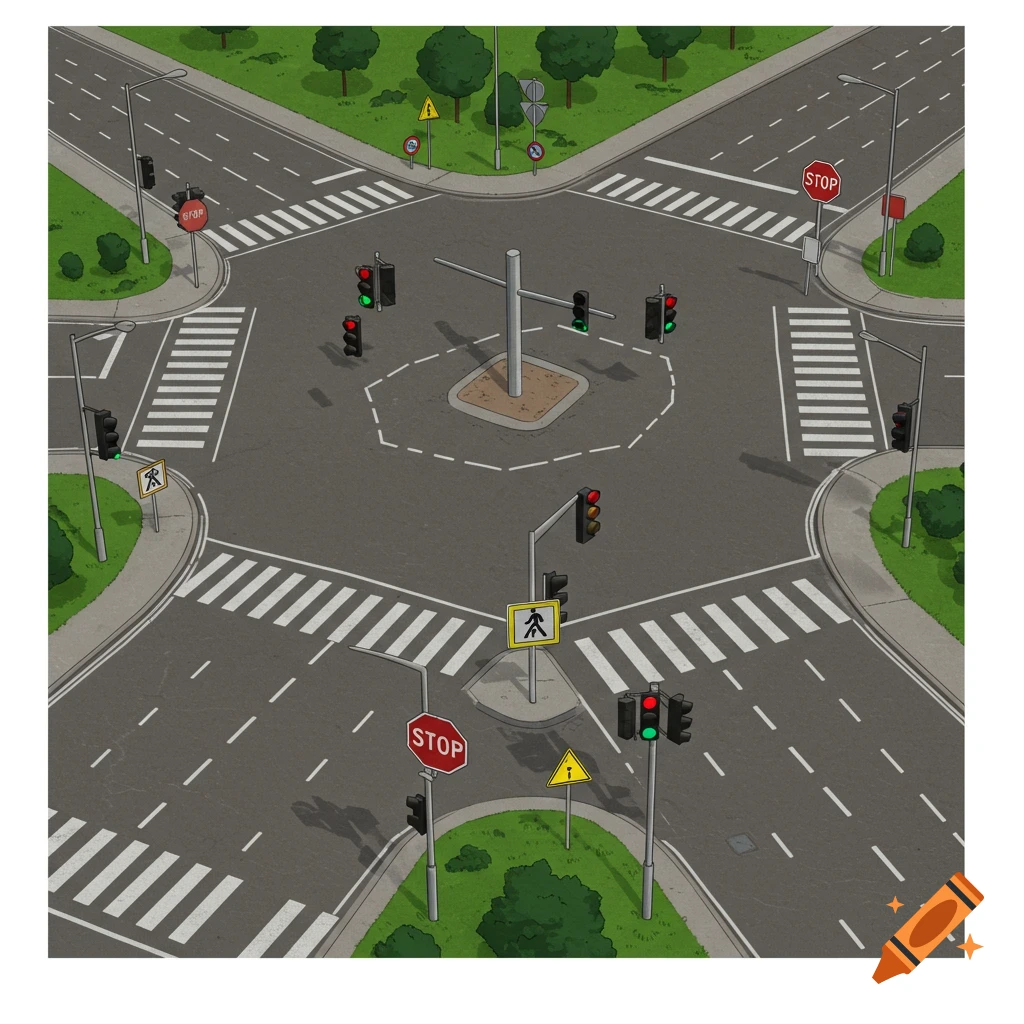 Detailed illustration of a road intersection with traffic lights, pedestrian crossings, and STOP signs from above.