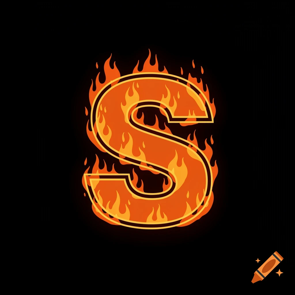 Cartoonish capital letter S engulfed in flames.