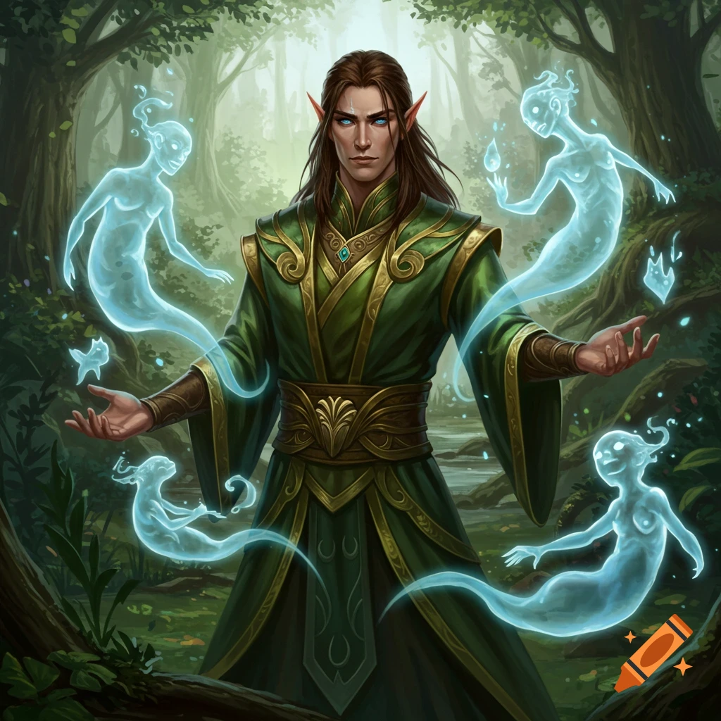 A male elf stands in a forest, surrounded by translucent spirits.