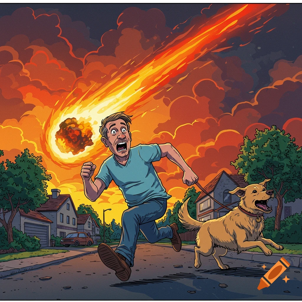Illustration of a man and his dog running down a street from a meteor.