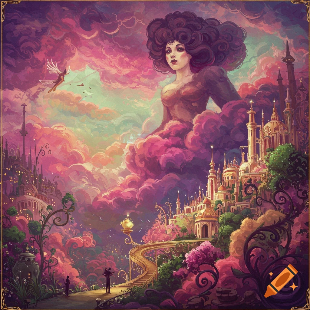 A giant woman emerges from pink clouds above a sprawling fantasy city.