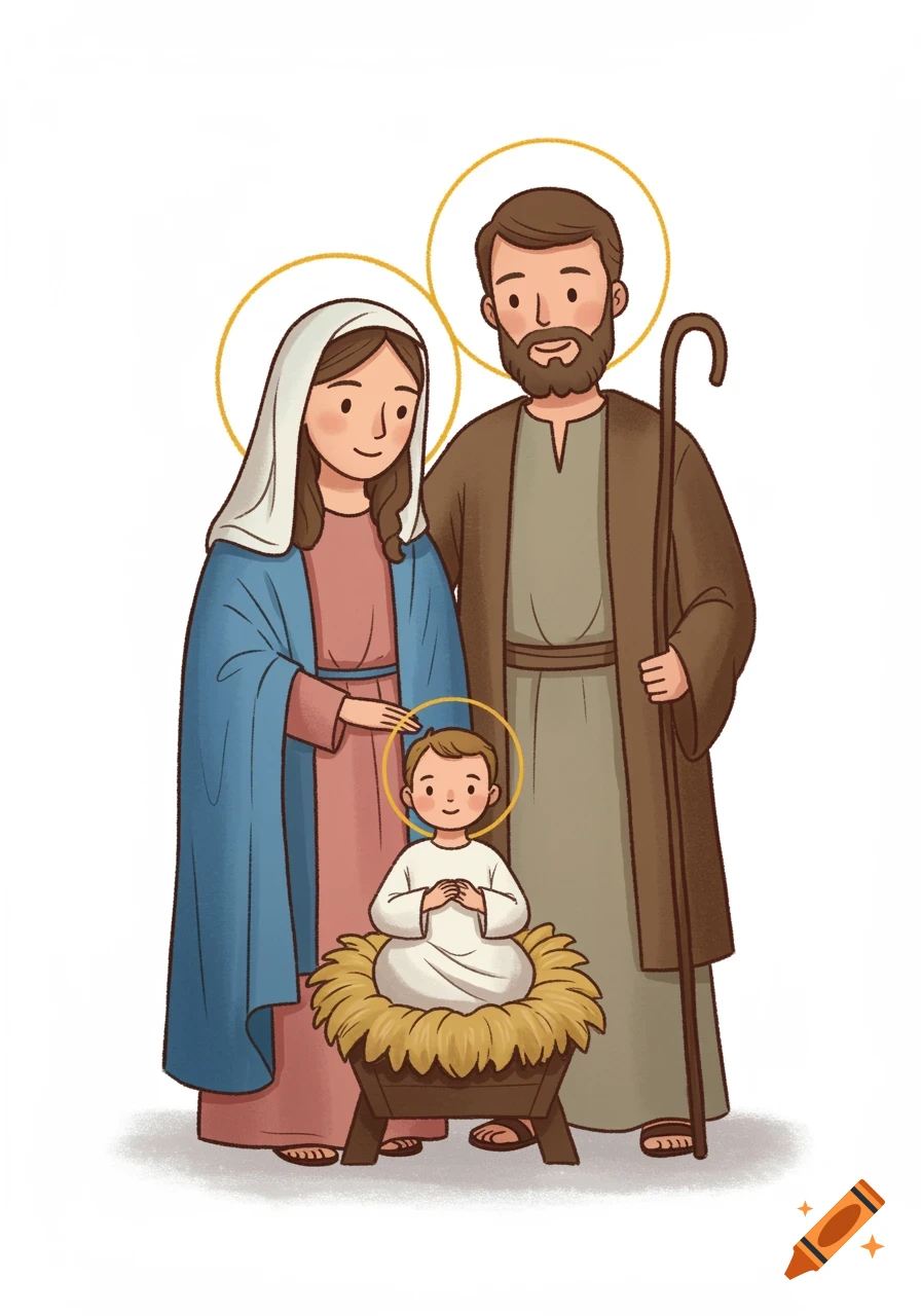 Illustration of the Holy Family with baby Jesus in a manger in a cartoon  style. on Craiyon, image size:896x1280