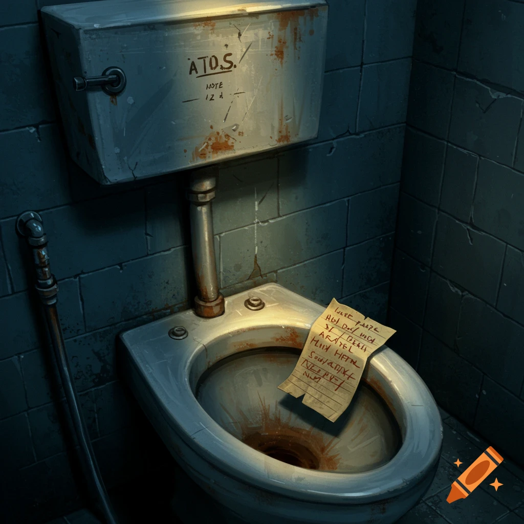 A dirty toilet in a prison cell with a note on the seat.