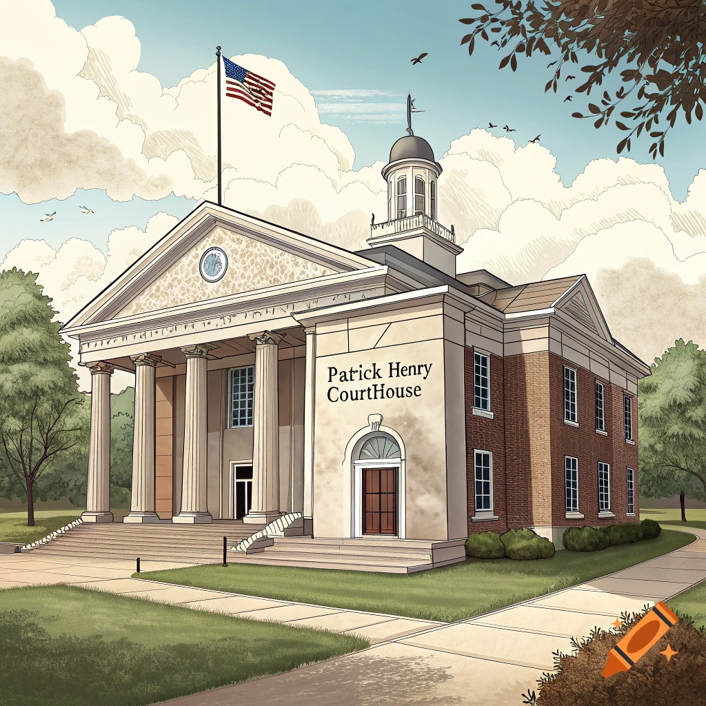 Illustration of a courthouse with columns and a dome, labeled 'Patrick Henry CourtHouse'