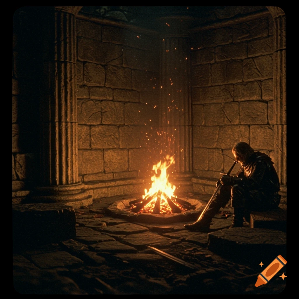 A person sits by a bonfire in a dark stone room with pillars, in a fantasy style reminiscent of a DVD screengrab.