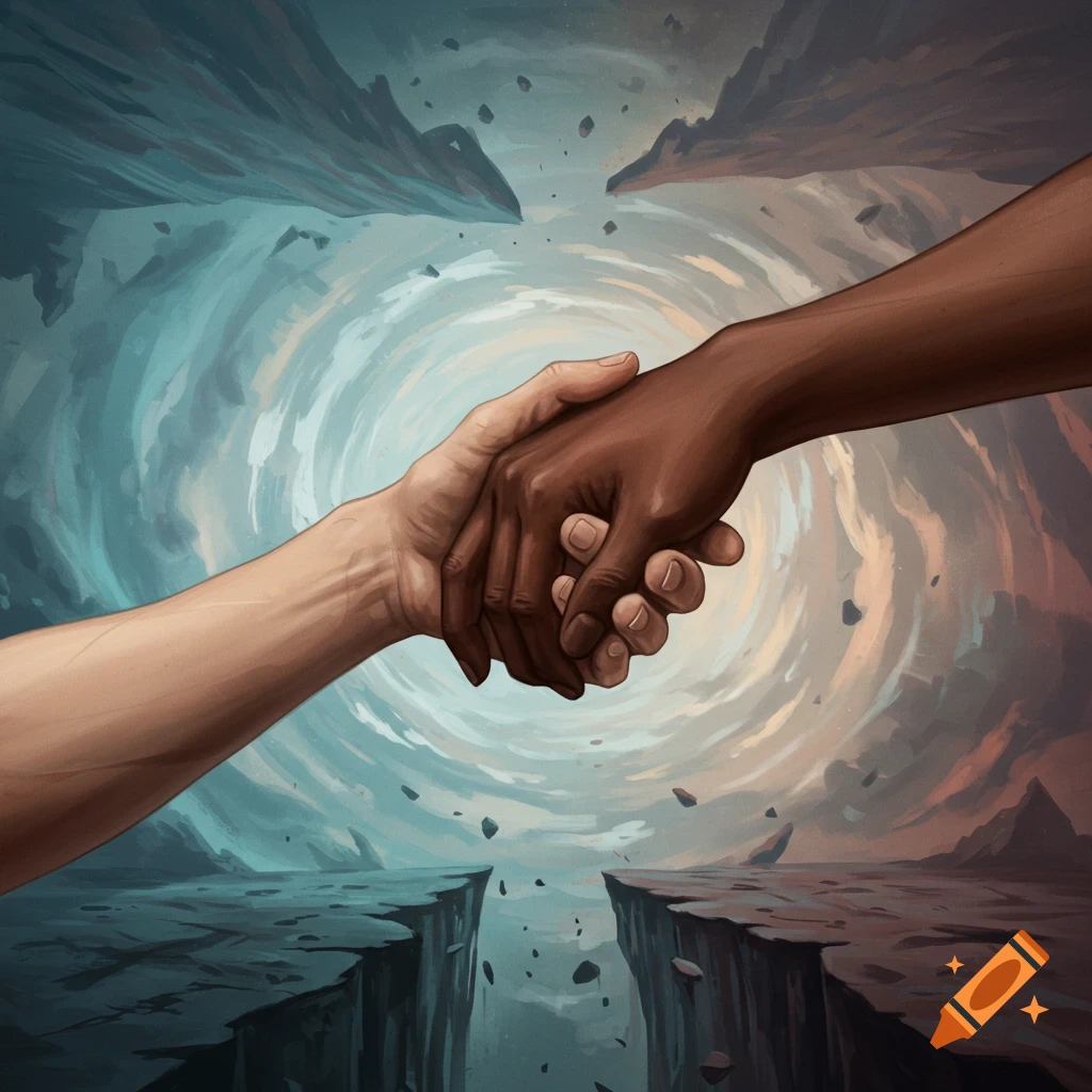 Two hands with light and dark skin shake over a chasm with swirling clouds and floating rocks.