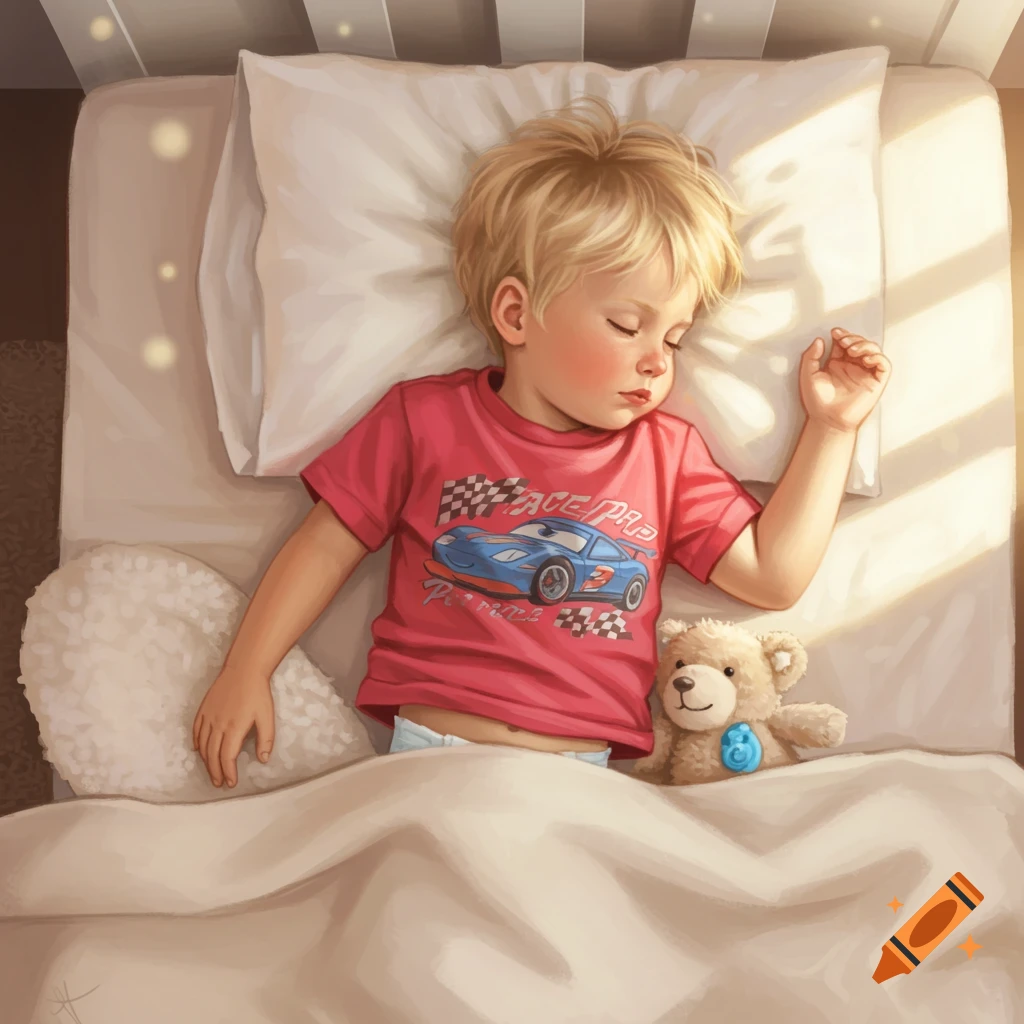 A blonde boy is sleeping in bed with a teddy bear.