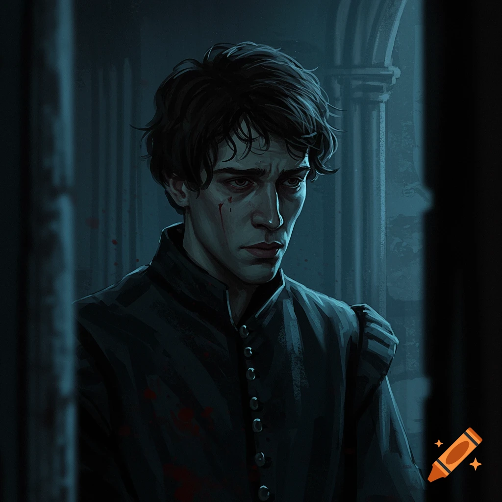 A brooding young man resembling Hamlet in Renaissance attire, with dark hair and bloodstains, in a dimly lit castle.