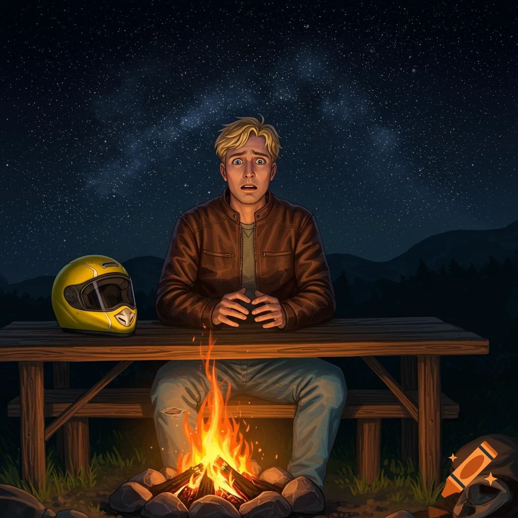 A scared man sits by a campfire at night, with a yellow motorcycle helmet resting on a table beside him.