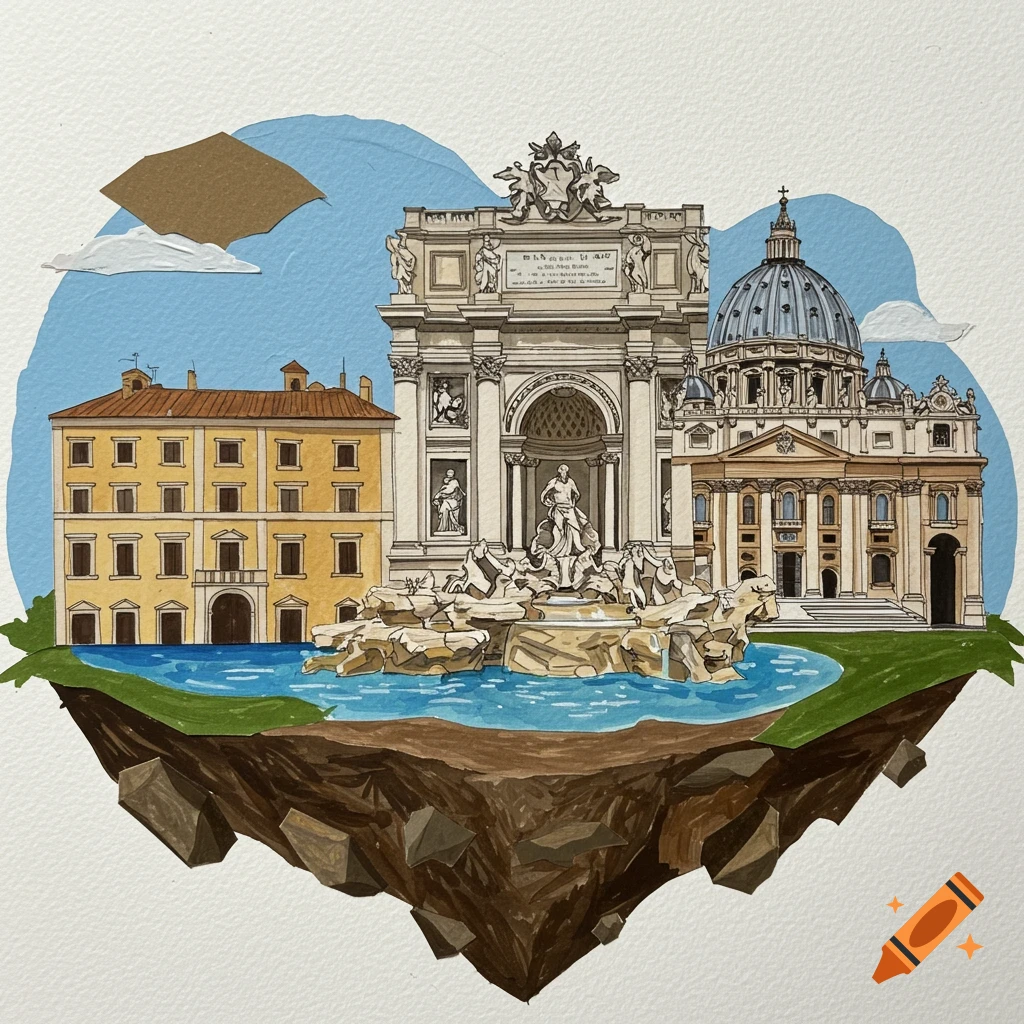 Illustration of Roman landmarks including Trevi Fountain and St. Peter's Basilica on a floating island.