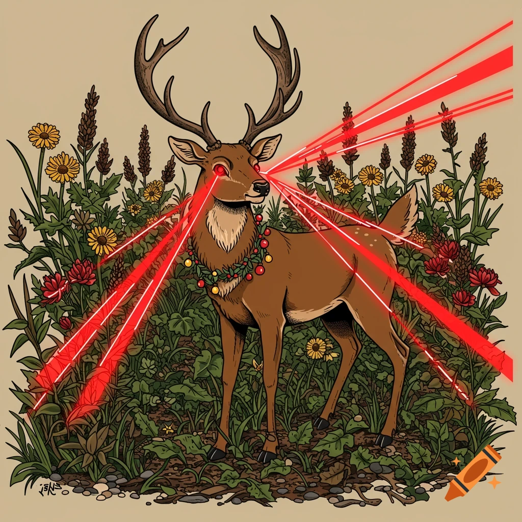 An illustrated deer with a garland shoots red lasers from its eyes while standing among flowers and plants.