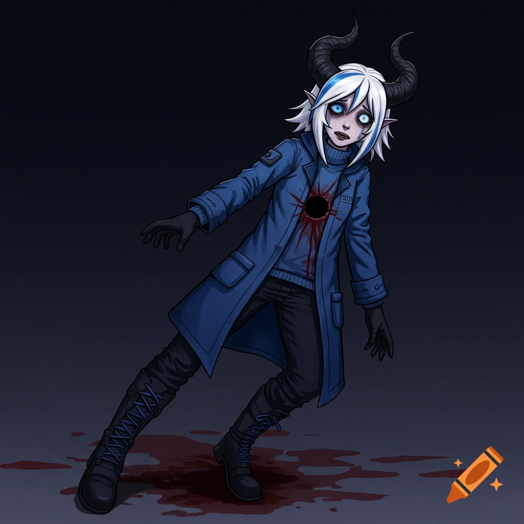 Illustration of a horned anime character with a hole in their chest and blood.