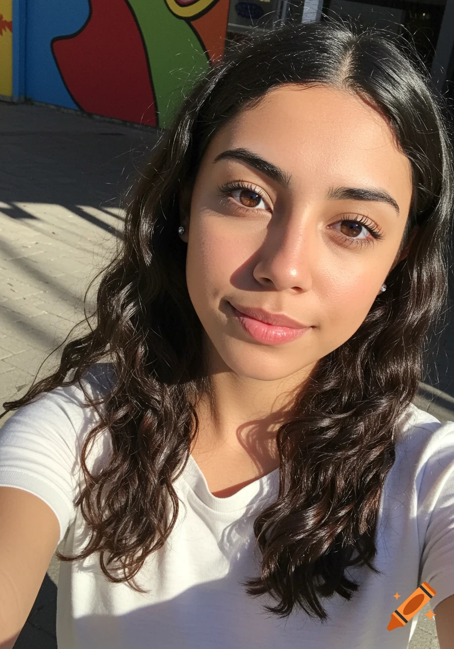 Close-up portrait of a young woman smiling in sunlight, with colorful background.