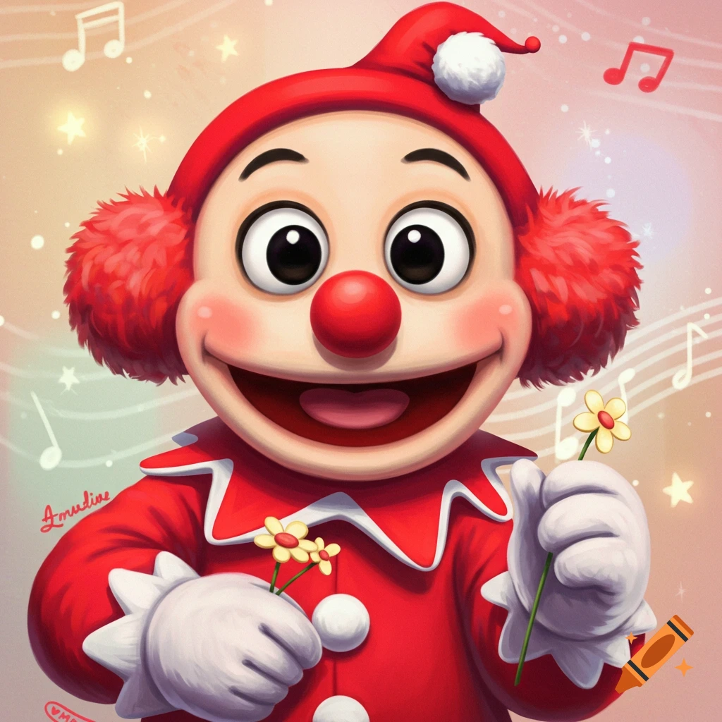 A cute cartoon character in a red outfit and hat holds two small flowers. Musical notes float in the background.
