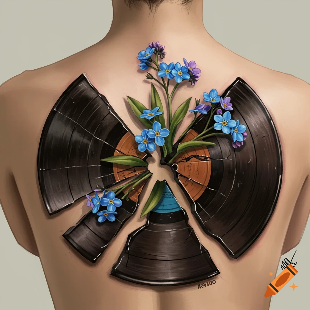 A back tattoo showing a broken vinyl record with forget-me-not flowers growing from it.