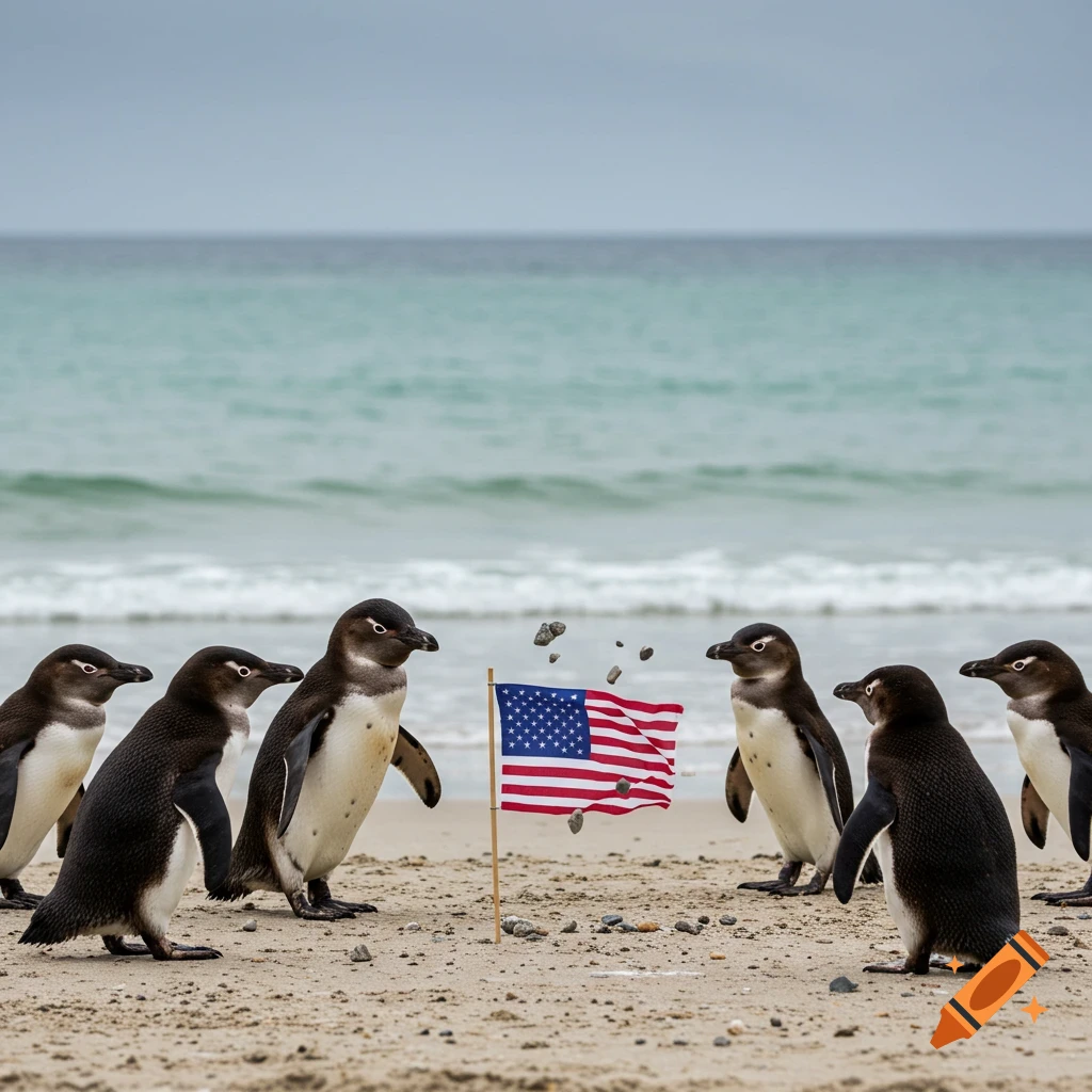 Photorealistic image of several penguins gathered around a small American flag planted in the sand on a beach.