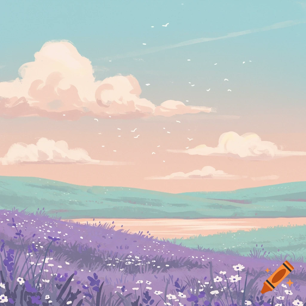 A pastel image of a landscape with a field of purple and white flowers, hills, a body of water, and a cloudy sky with birds.