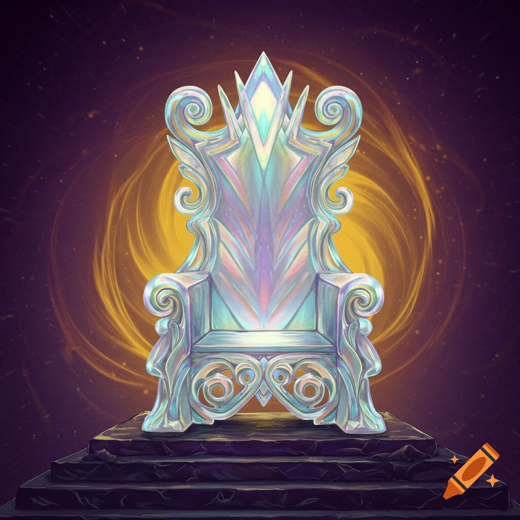 A shimmering crystal fantasy throne on stone steps with a swirling yellow energy background.